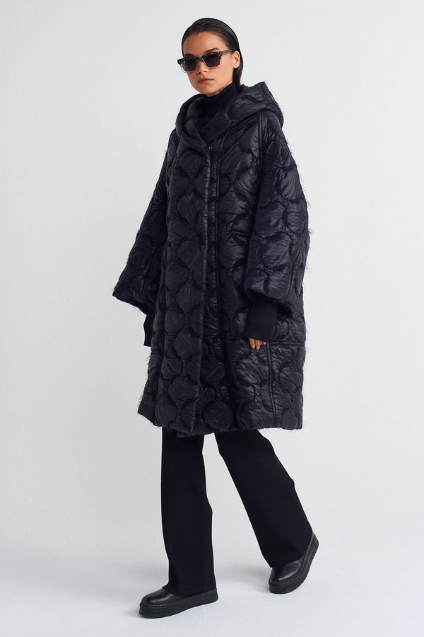 Nu Droplet Quilted Puffer Long Coat Black