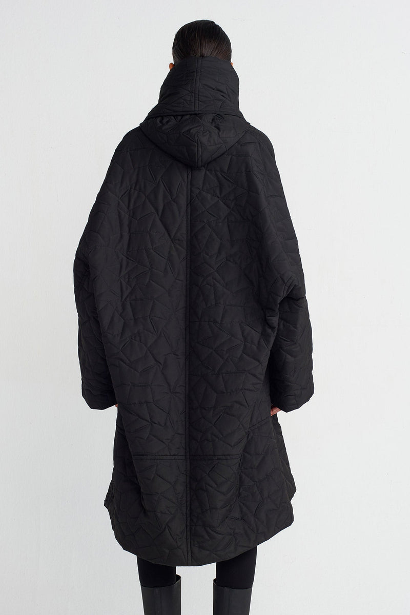 Nu Irregular Quilted High Neck Coat Black