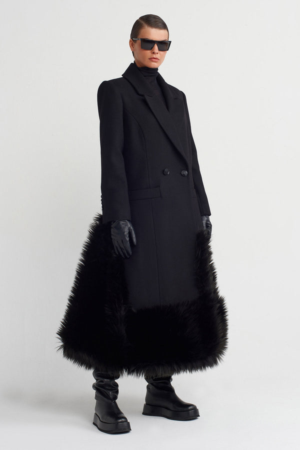 Nu Fur Detailed Long Elegant Coat Black