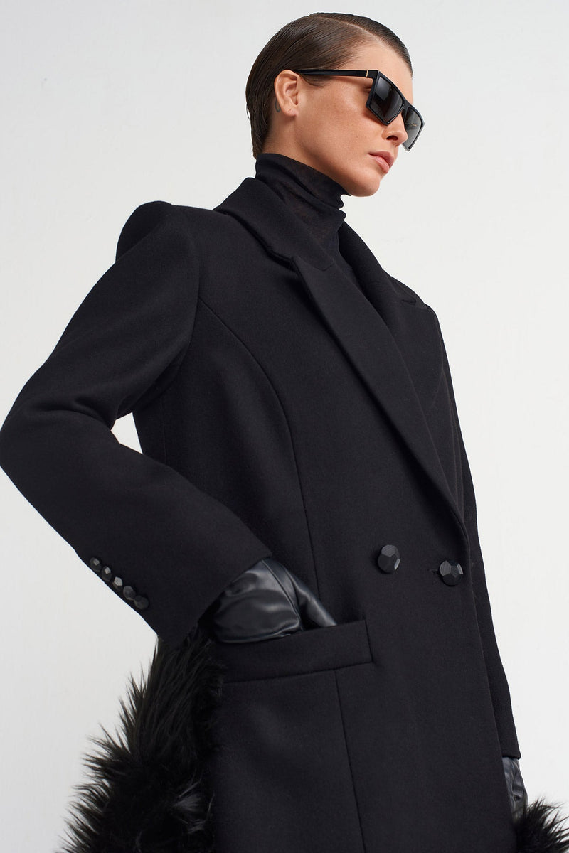 Nu Fur Detailed Long Elegant Coat Black