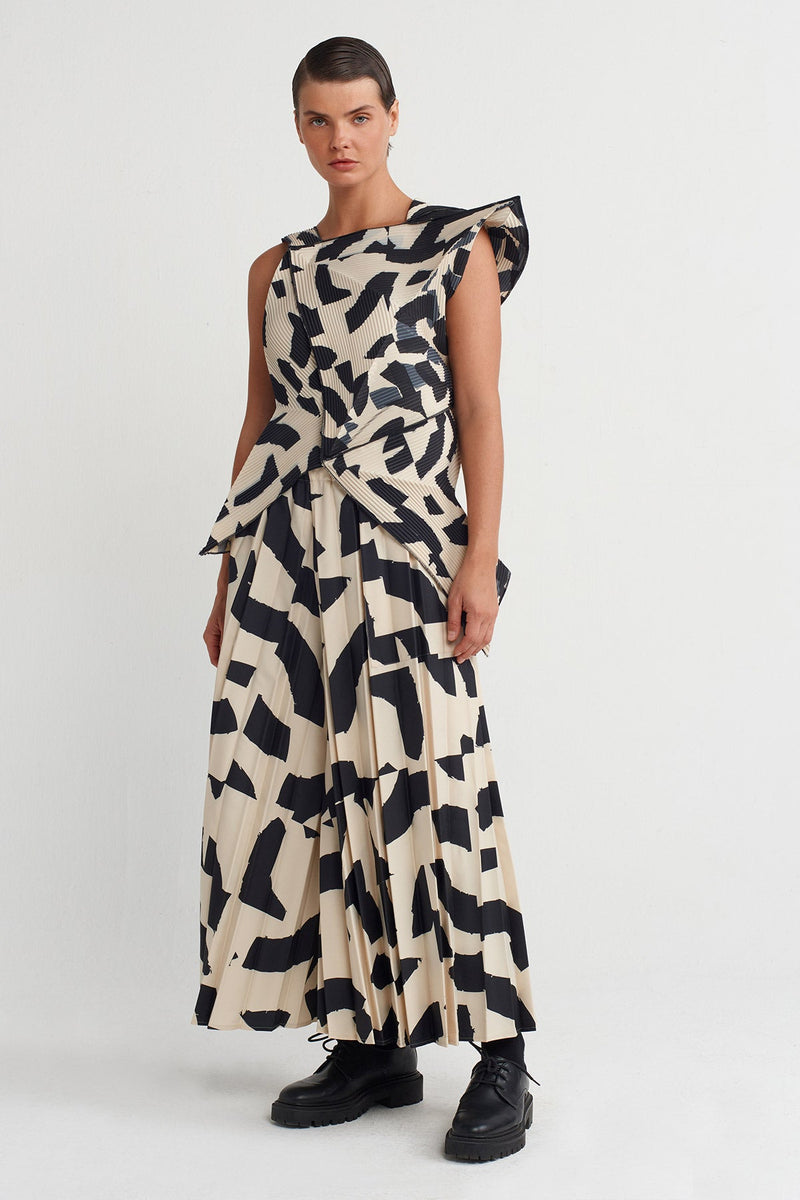 Nu Patterned Origami-Style Pleated Blouse Multi Color