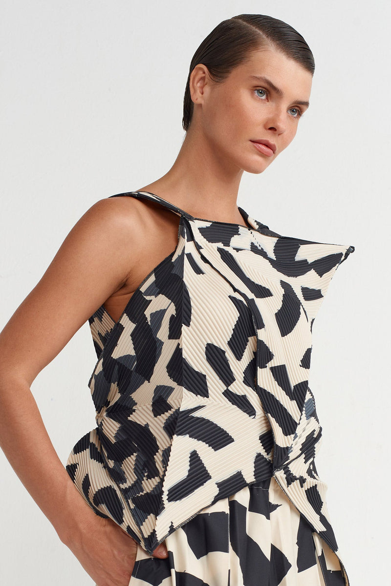 Nu Patterned Origami-Style Pleated Blouse Multi Color