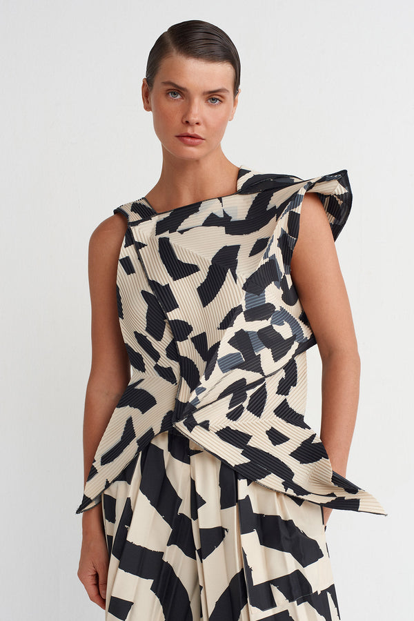 Nu Patterned Origami-Style Pleated Blouse Multi Color