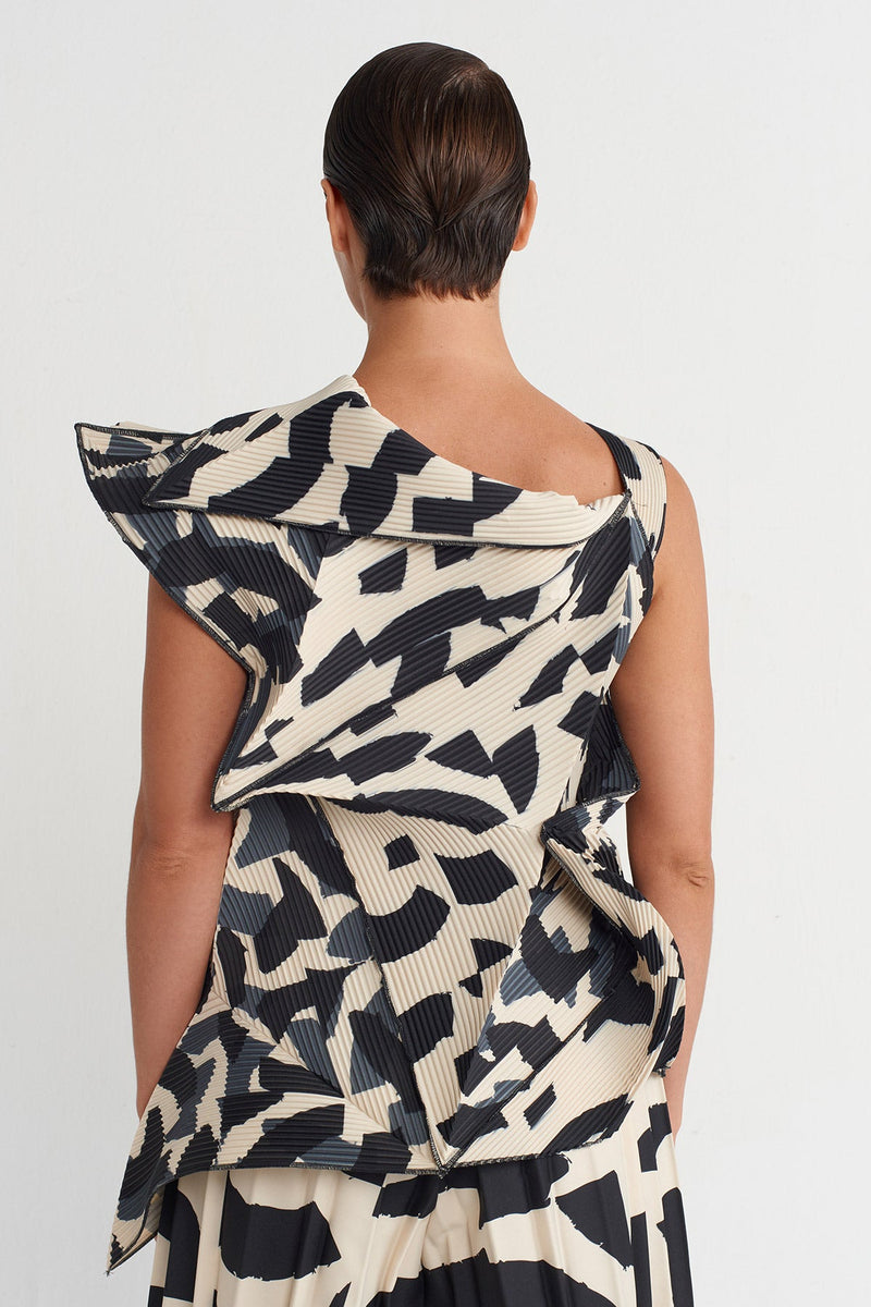 Nu Patterned Origami-Style Pleated Blouse Multi Color