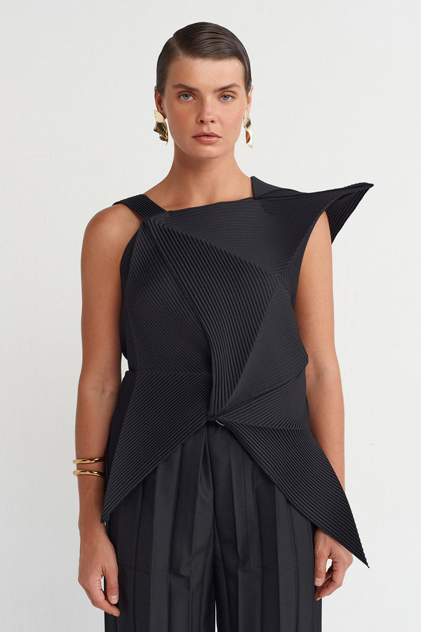 Nu Origami-Style Pleated Blouse Black