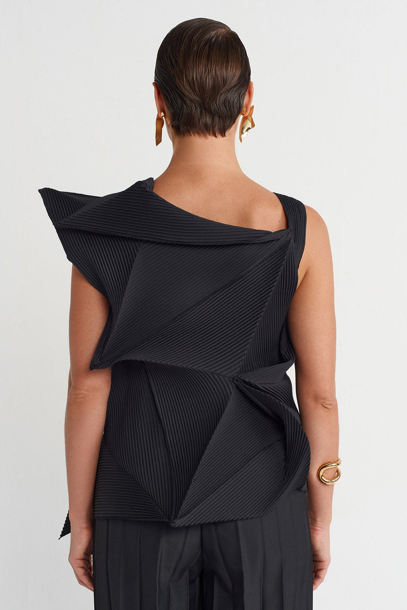 Nu Origami-Style Pleated Blouse Black