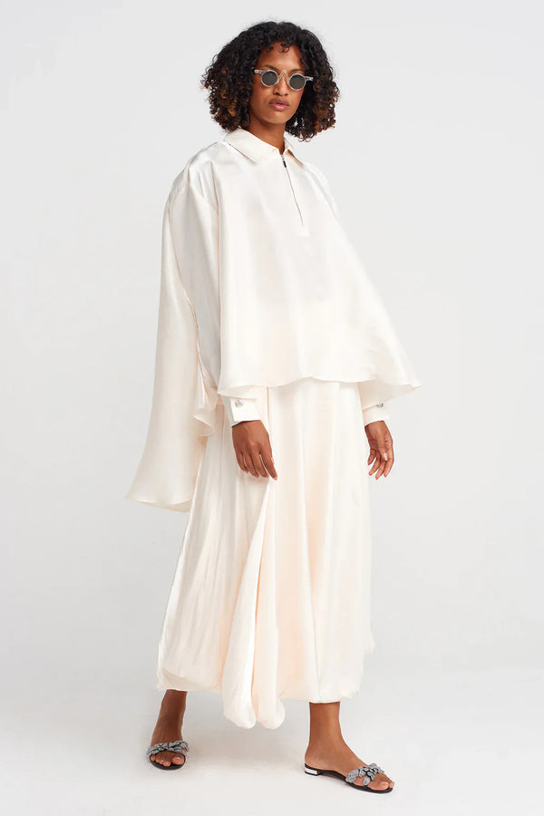 Nu Zippered Shirt Collar Loose Blouse Ecru