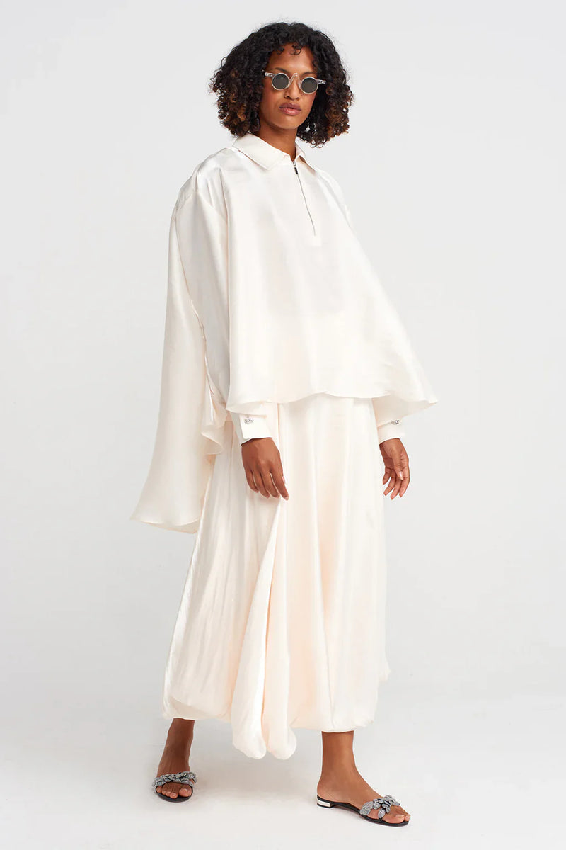 Nu Zippered Shirt Collar Loose Blouse Ecru