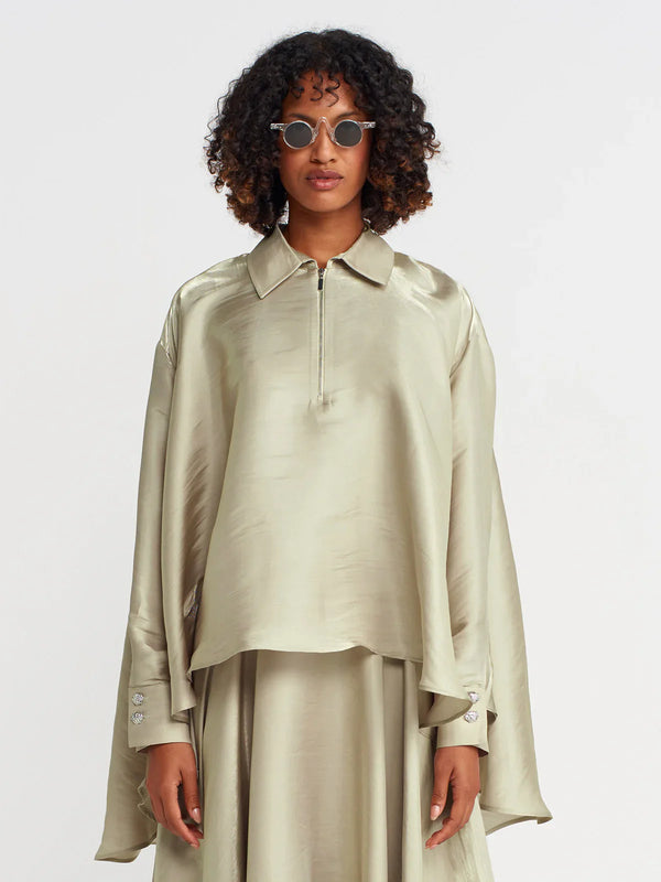 Nu Zippered Shirt Collar Loose Blouse Sand