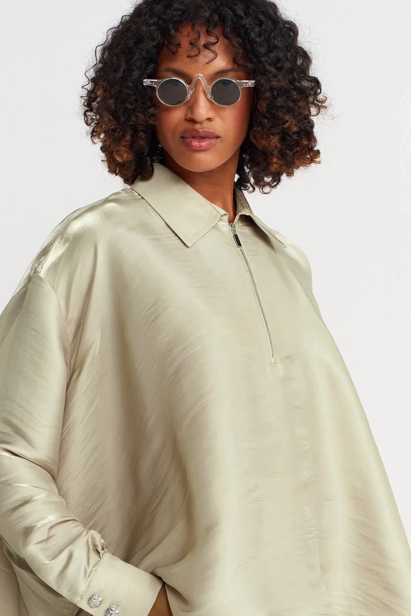 Nu Zippered Shirt Collar Loose Blouse Sand