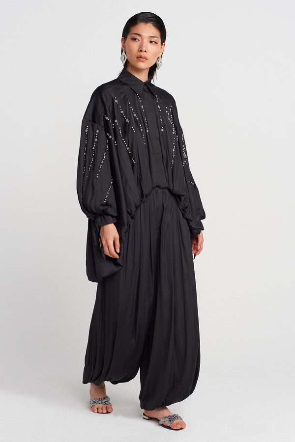 Nu Embroidered Satin Shirt Black