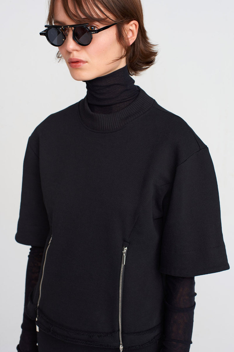 Nu Zipper Detailed Thick Fabric T-Shirt Black