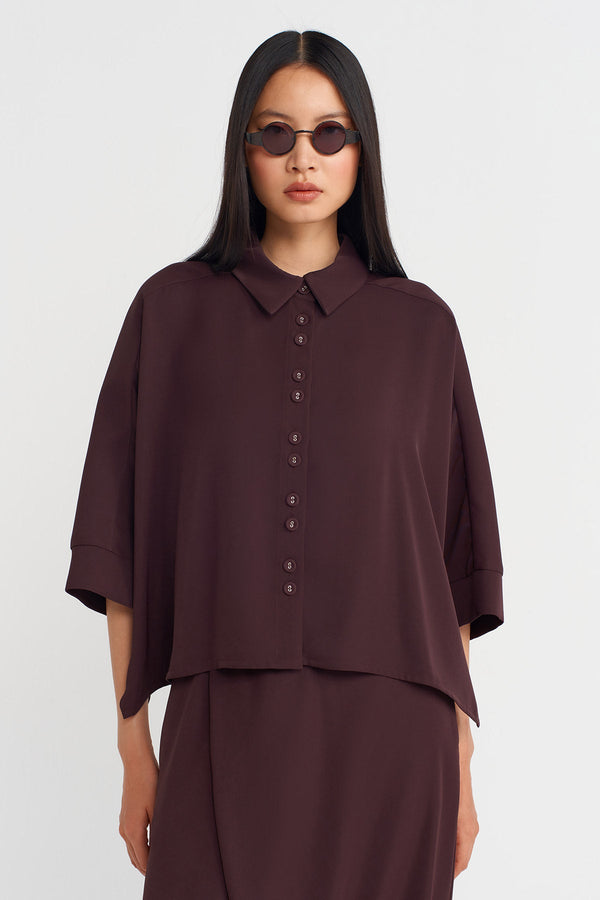 Nu Draped Fabric, Half Sleeve Shirt Eggplant