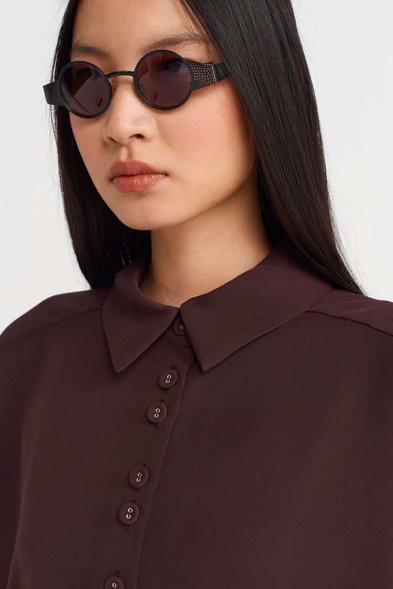 Nu Draped Fabric, Half Sleeve Shirt Eggplant