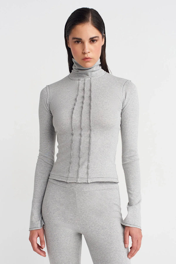 Nu Turtleneck Raw Seam Bodysuit Light Grey Melange