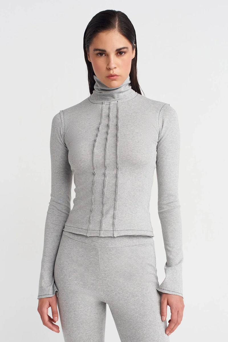 Nu Turtleneck Raw Seam Bodysuit Light Grey Melange
