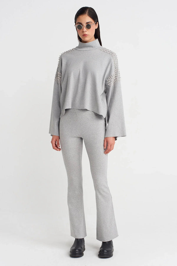 Nu Ribbed Sweater With Embellished Shoulders Light Grey Melange