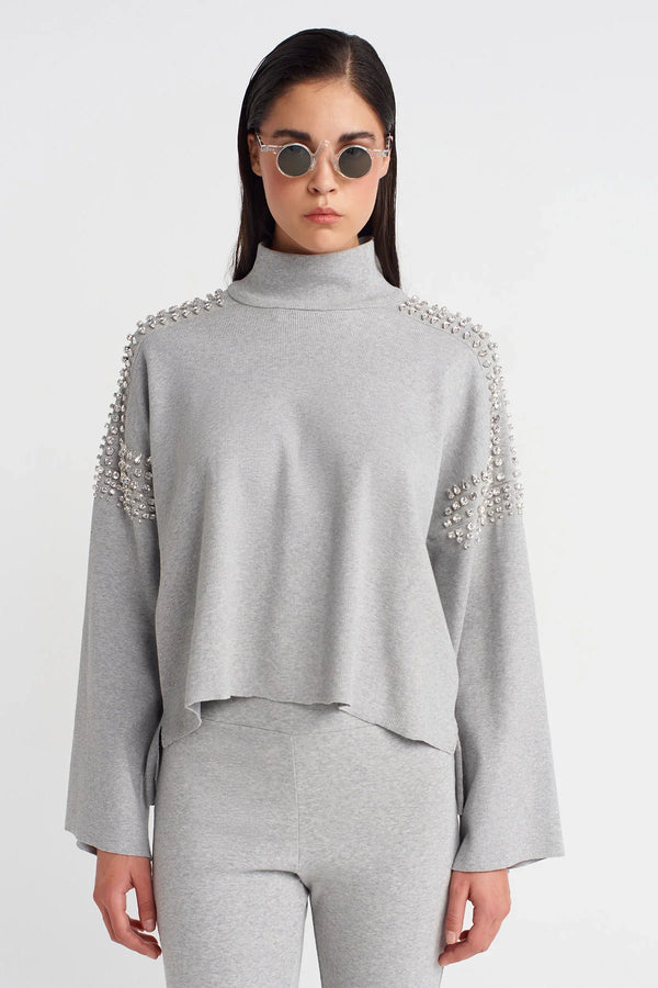Nu Ribbed Sweater With Embellished Shoulders Light Grey Melange
