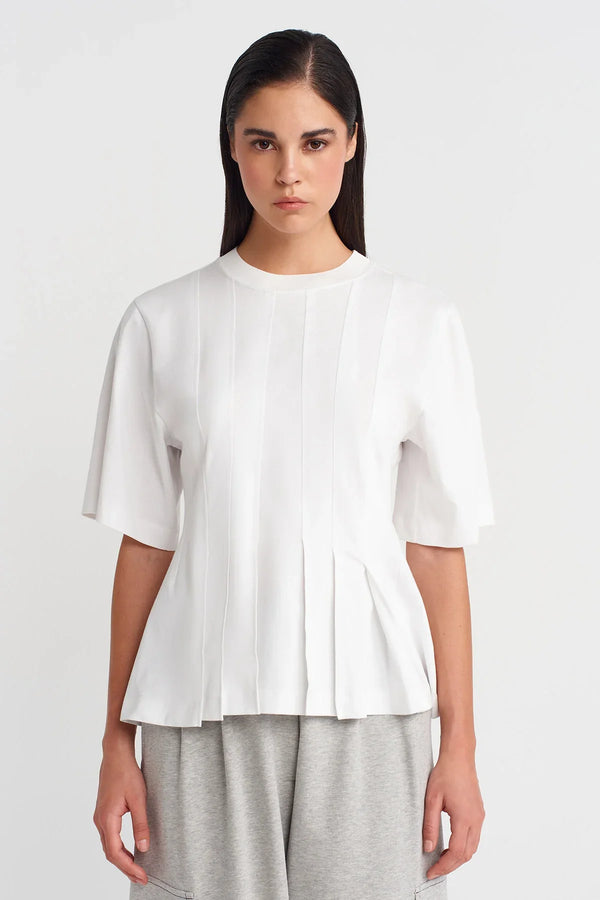 Nu Pleated Waist Basic T-Shirt Off White