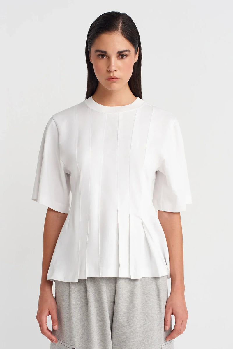 Nu Pleated Waist Basic T-Shirt Off White