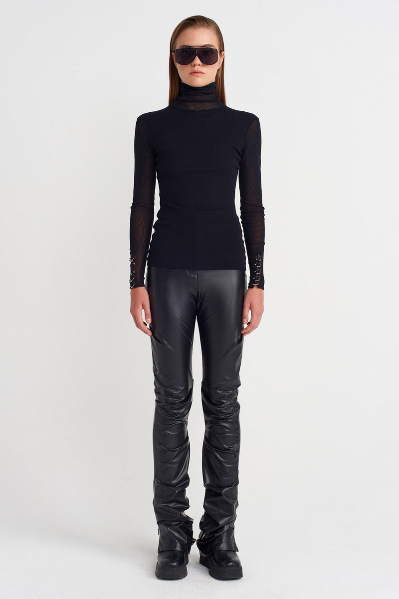 Nu Sheer Bodysuit With Metal Sleeve Accents Black