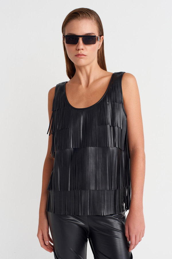 Nu Vegan Leather Fringe Blouse Black