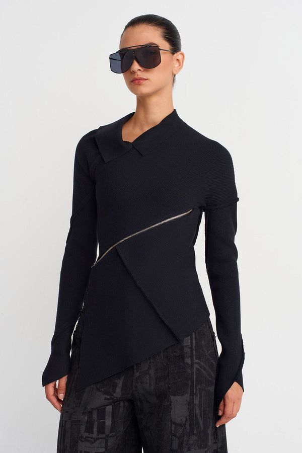 Nu Asymmetric Zipped Long Sleeve Top Black