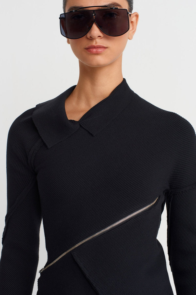 Nu Asymmetric Zipped Long Sleeve Top Black