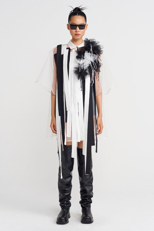 Nu Striped And Floral Detailed Organza Shirt Off White/Black