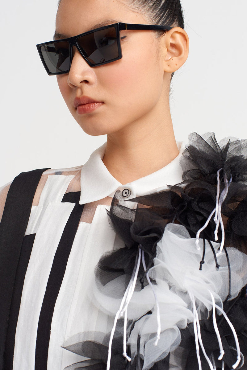 Nu Striped And Floral Detailed Organza Shirt Off White/Black