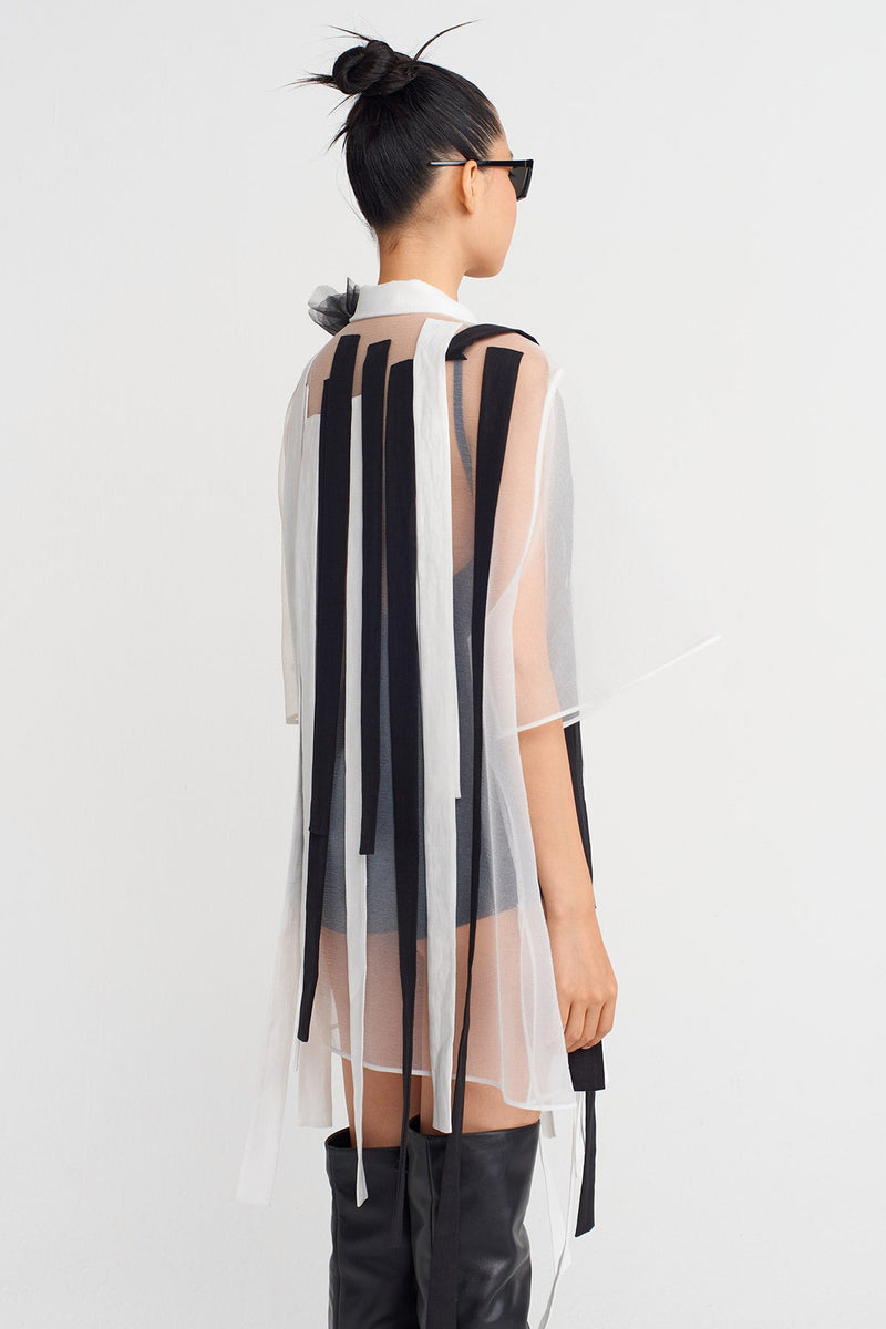 Nu Striped And Floral Detailed Organza Shirt Off White/Black