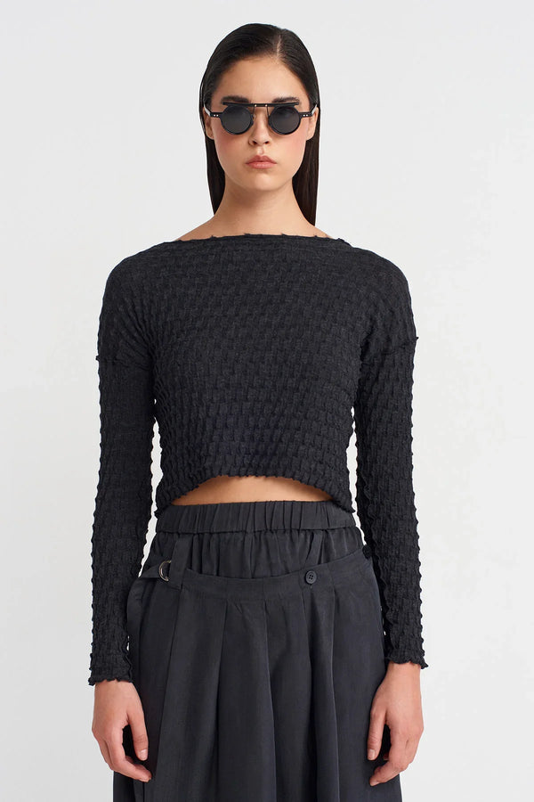 Nu Jacquard Long Sleeve Crop Blouse Anthracite