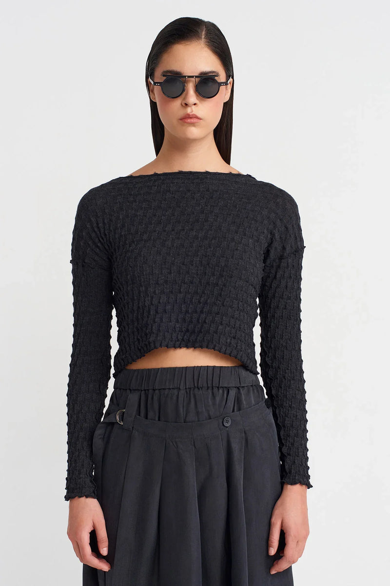 Nu Jacquard Long Sleeve Crop Blouse Anthracite