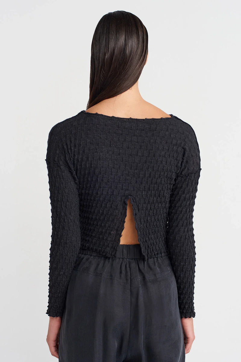 Nu Jacquard Long Sleeve Crop Blouse Anthracite