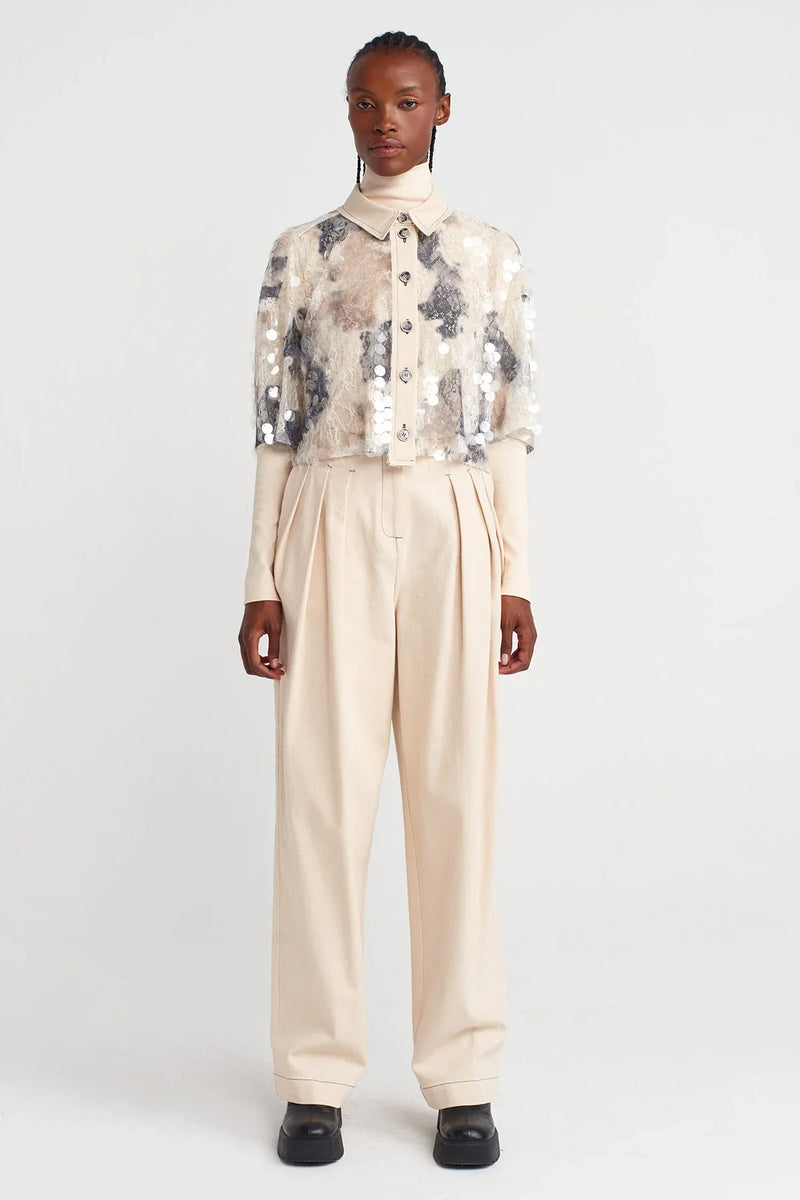 Nu Sequin-Embroidered Guipure Crop Shirt Grey Melange