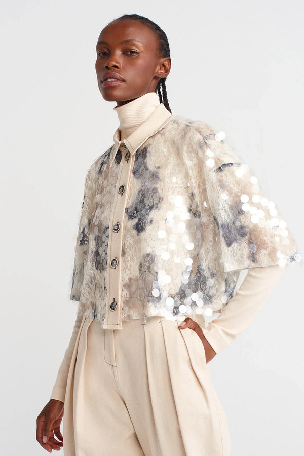 Nu Sequin-Embroidered Guipure Crop Shirt Grey Melange