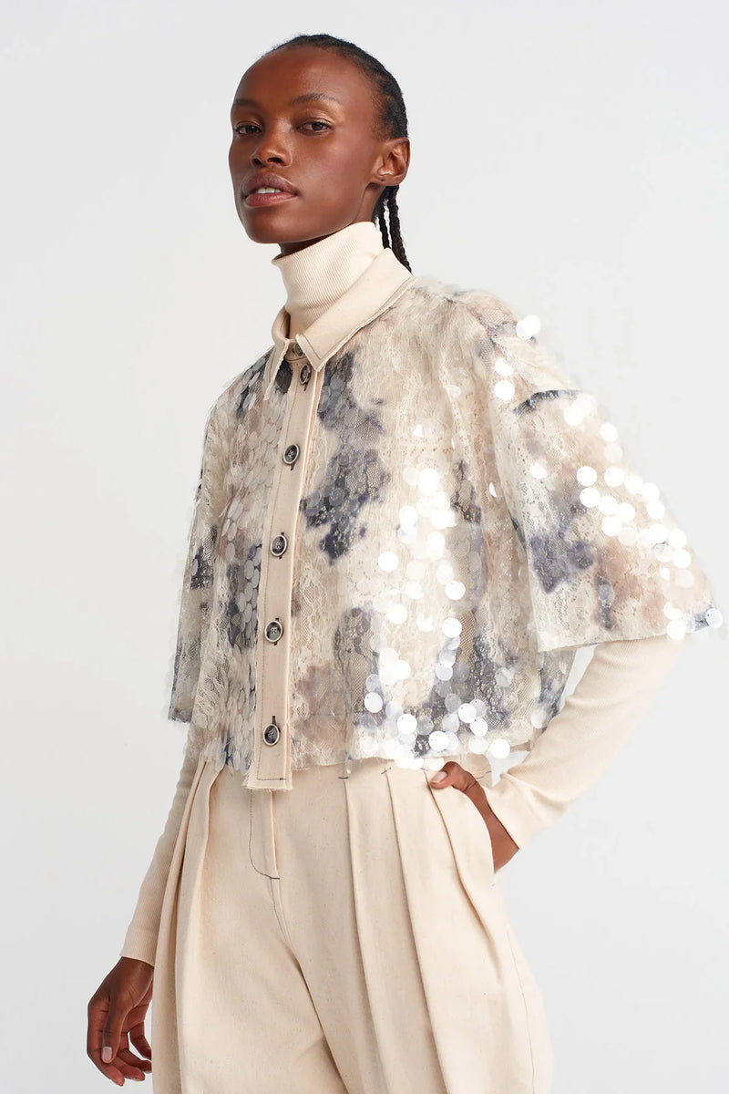 Nu Sequin-Embroidered Guipure Crop Shirt Grey Melange