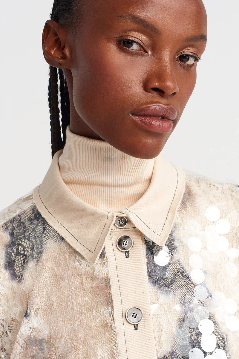 Nu Sequin-Embroidered Guipure Crop Shirt Grey Melange