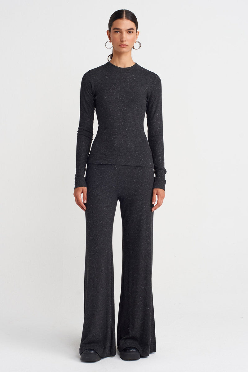 Nu  Metallic Ribbed Knit Blouse Antracite Melange
