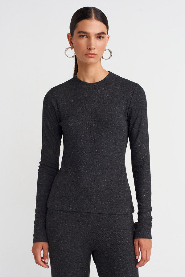 Nu  Metallic Ribbed Knit Blouse Antracite Melange
