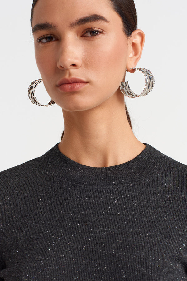 Nu  Metallic Ribbed Knit Blouse Antracite Melange