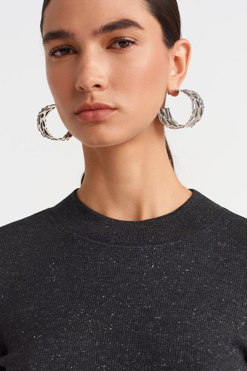 Nu  Metallic Ribbed Knit Blouse Antracite Melange