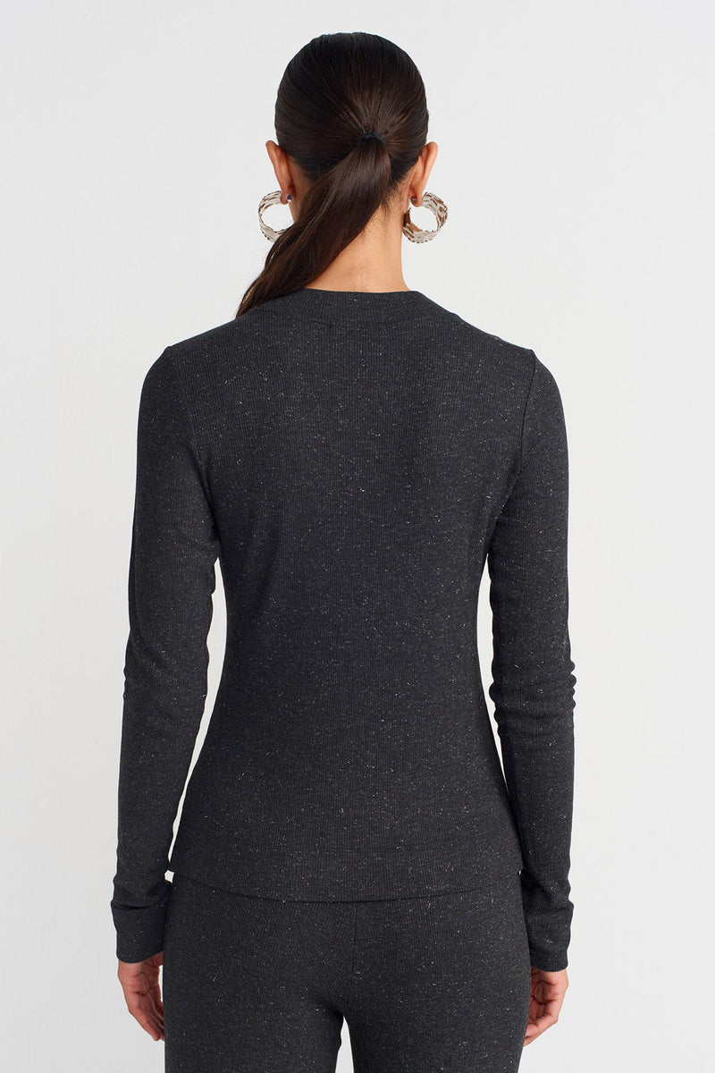 Nu  Metallic Ribbed Knit Blouse Antracite Melange