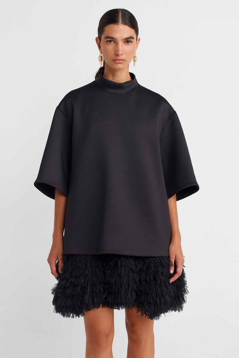 Nu Black Scuba Fabric Mock Neck Top Black