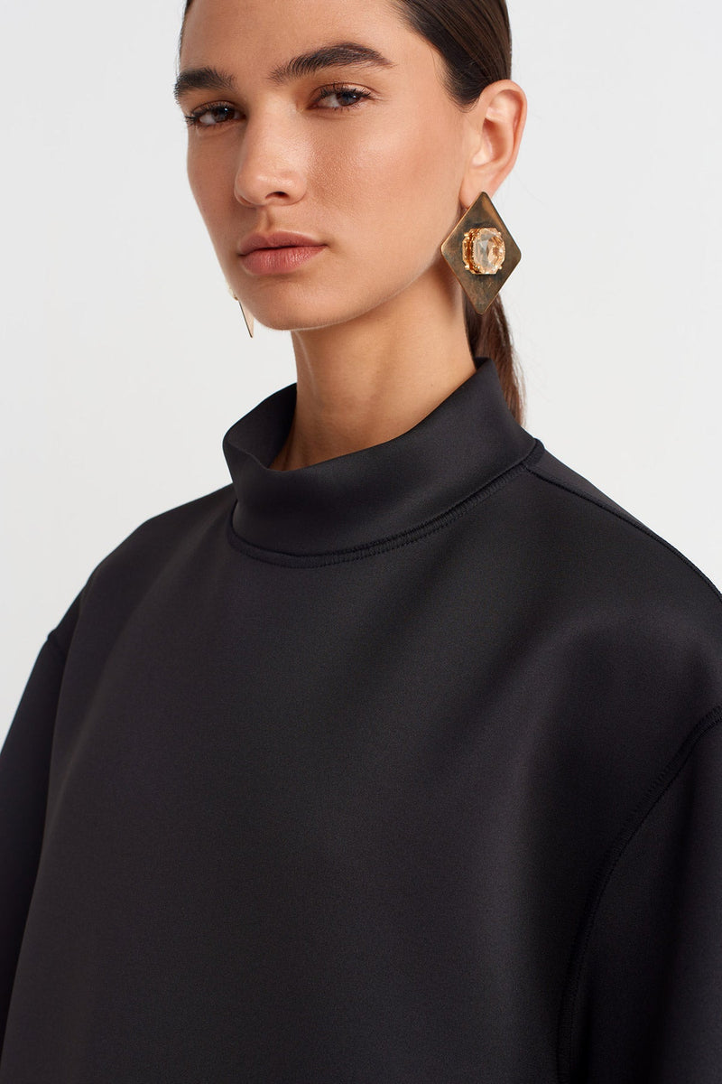 Nu Black Scuba Fabric Mock Neck Top Black