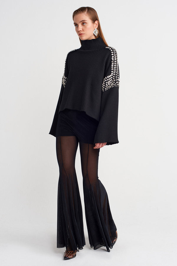 Nu Knit Sweater With Stone Embellished Shoulders And Sleeves Black