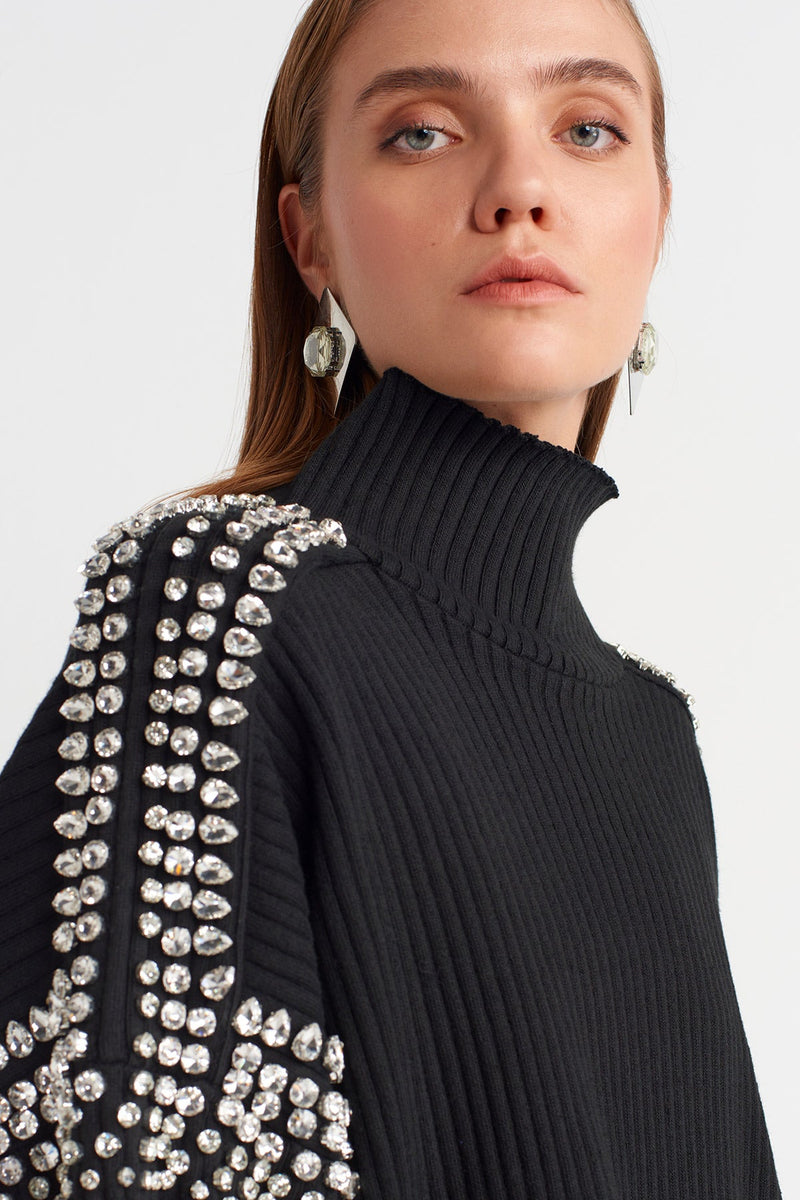 Nu Knit Sweater With Stone Embellished Shoulders And Sleeves Black