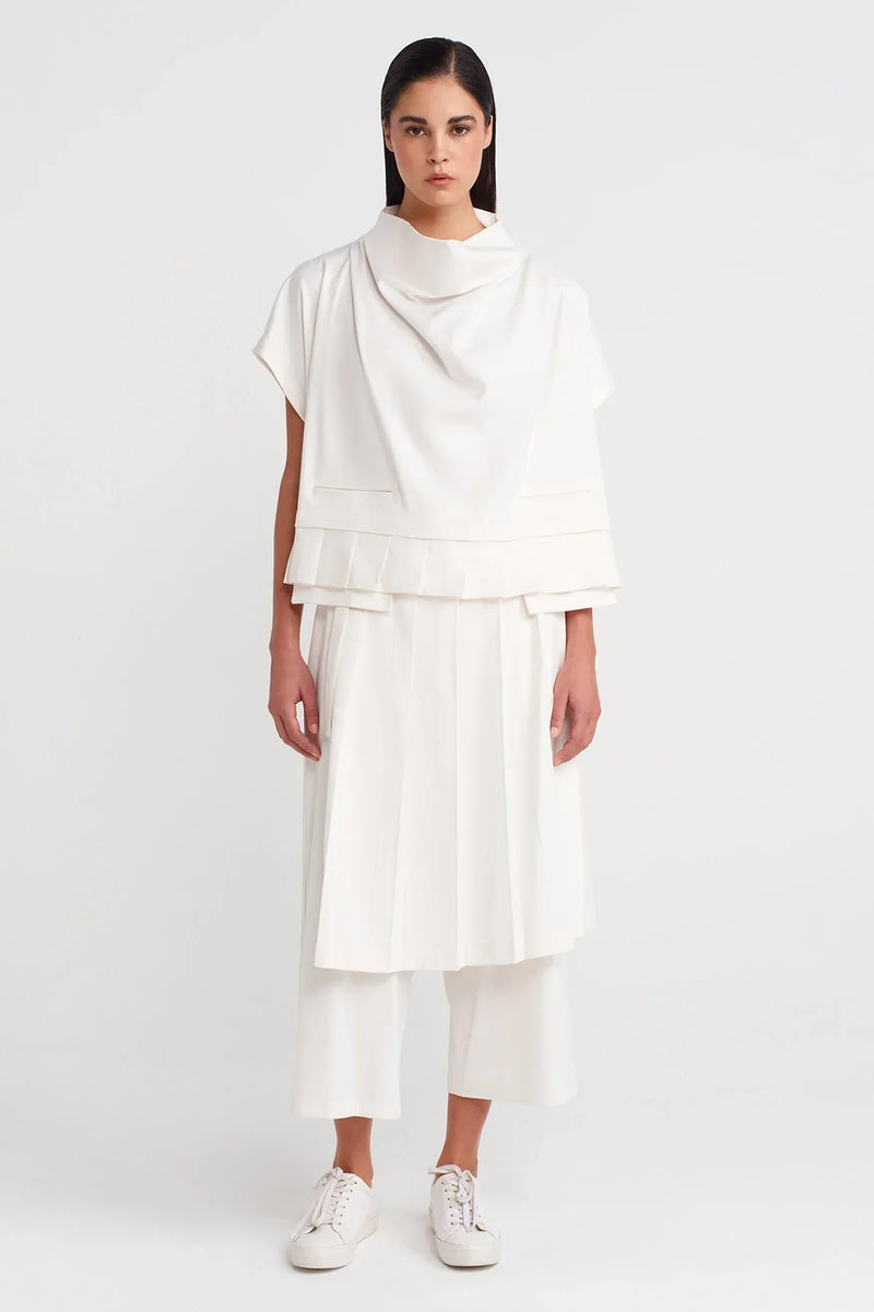 Nu Boat Neck, Pocket Pleated Blouse Off White
