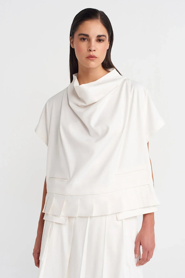 Nu Boat Neck, Pocket Pleated Blouse Off White
