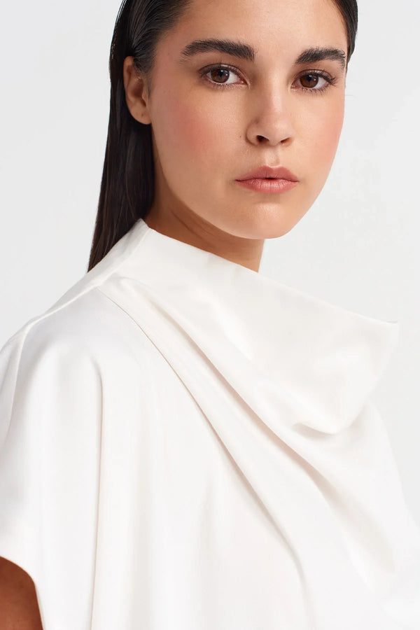 Nu Boat Neck, Pocket Pleated Blouse Off White
